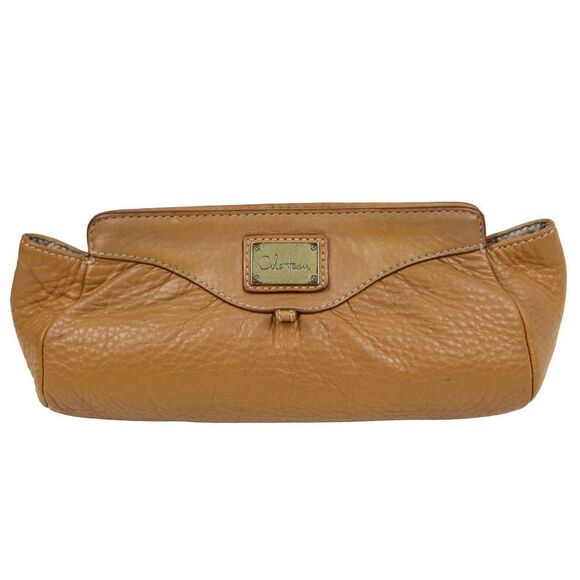 COLE HAAN BROWN GENUINE LEATHER FRAME MAGNETIC LRG CLUTCH HANDBAG PURSE - Picture 1 of 10